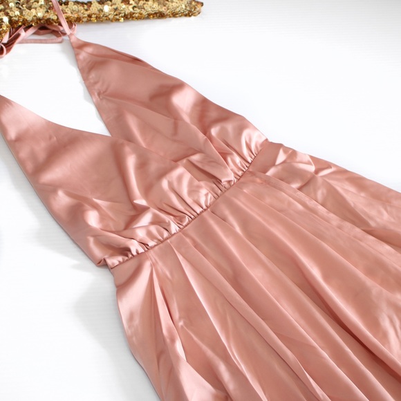 ^ Pink Satin Plunge Backless Slit Maxi Dress - Picture 6 of 7